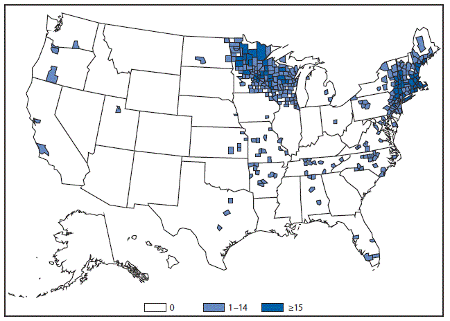 This figure is a map of the United States that presents the number of ehrlichiosis (anaplasma phagocytophilum) cases by county in 2015.