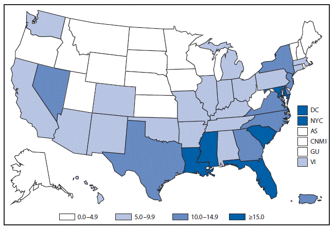 This figure is a map of the United States and U.S. territories that presents the rates per 100,000 population of diagnosed HIV cases in each state and territory in 2015.