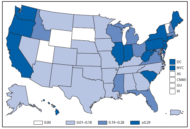 This figure is a map of the United States and U.S. territories that presents the number of listeriosis cases in each state and territory during 2015.