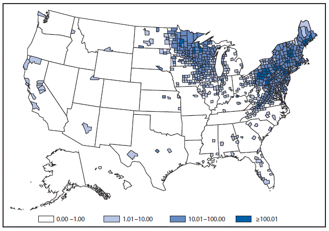 This figure is a map of the United States that presents the incidence per 100,000 population of Lyme disease cases in each county in 2015.