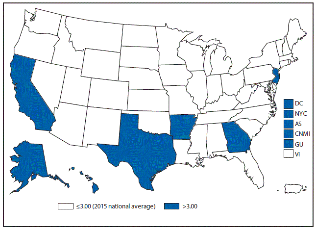 This figure is a map of the United States and U.S. territories that presents the incidence range per 100,000 population of tuberculosis cases in each state and territory in 2015.