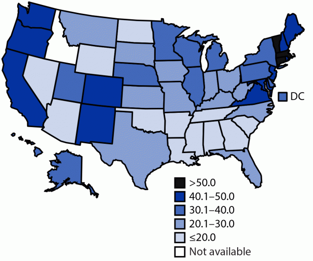 The figure is a map of the United States showing the percentage of adolescents aged 12–17 years who completed the COVID-19 vaccination series during December 14, 2020–July 31, 2021.