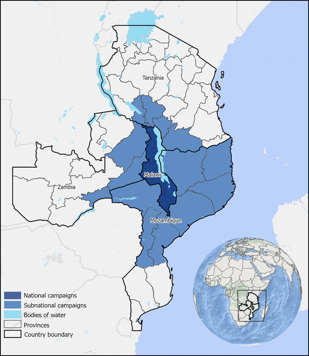 Figure is a map of Malawi and its surrounding countries (Mozambique, Tanzania, and Zambia) showing where national and subnational campaigns took place.