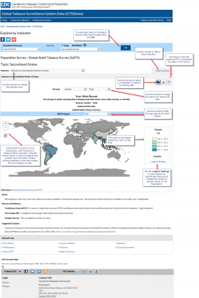 1. To view data, select a Population (survey) and View By option then click GO. 2. Use this section to hide or show footnotes. 3. Click here to save the panel as PDF or download the data in CSV format. 4. Use this section to change the indicator view. 5. Use this section to select a combination of options for viewing data. 6. Use this section to change the options for viewing the data. 7. Use this section to filter the map view by the WHO region. 8. Click the +/- to zoom in or out respectively, until maximum or minimum limit is reached.  Click the refresh button to view the default map position and zoom level.  Double clicking anywhere on the map invokes the zoom feature as well. 9. The colors on the legend explain the colors on the map. 10. Use the Legend Settings to view options for the classification type and to change the number of classes shown on the map legend.