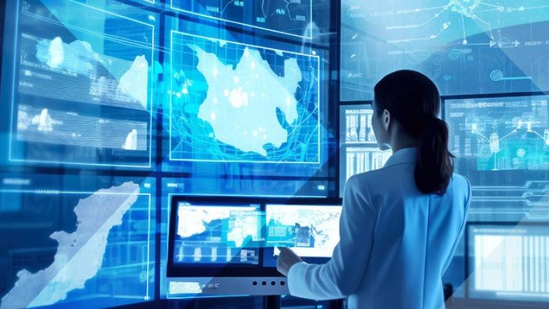 Woman looking at screens in lab