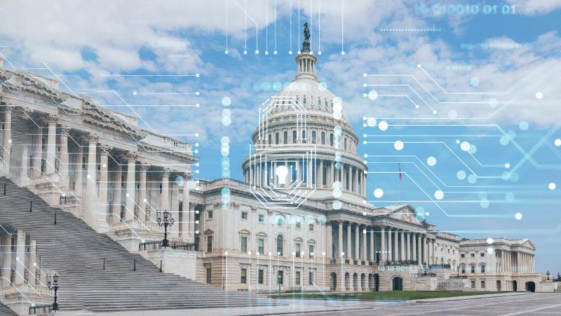 Photo of Capitol Building with glowing network lines and lock overlayed on top of image