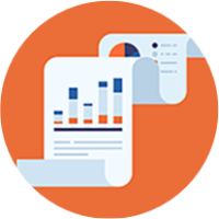 orange circle with a long paper with graphs and charts on it