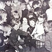 A wooly visitor to Newtown's Maesyrhandir School in 1980.