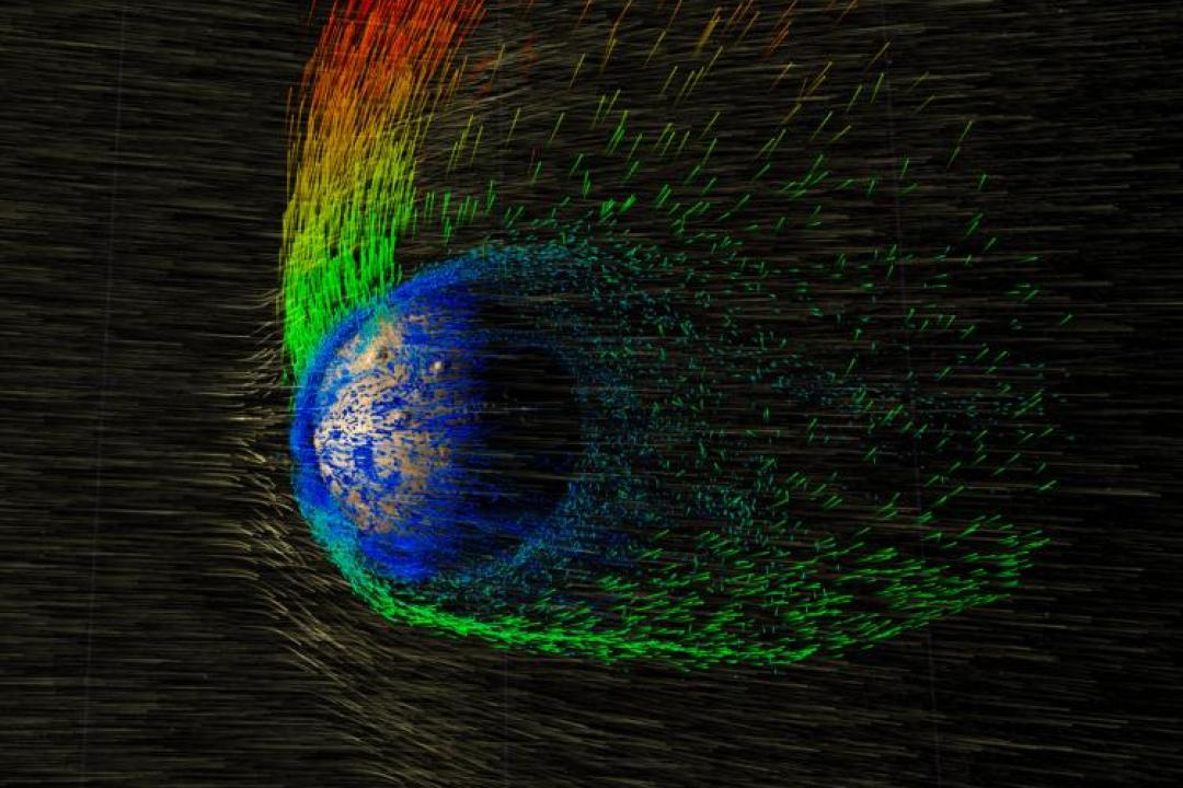 Visualization showing the escape of ions from Mars' atmosphere. (Credit: NASA Goddard Space Flight Center)