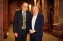 Stephen Grimason (right) with former UTV political editor Ken Reid at Queen’s University in Belfast in January this year (Press Eye/PA)