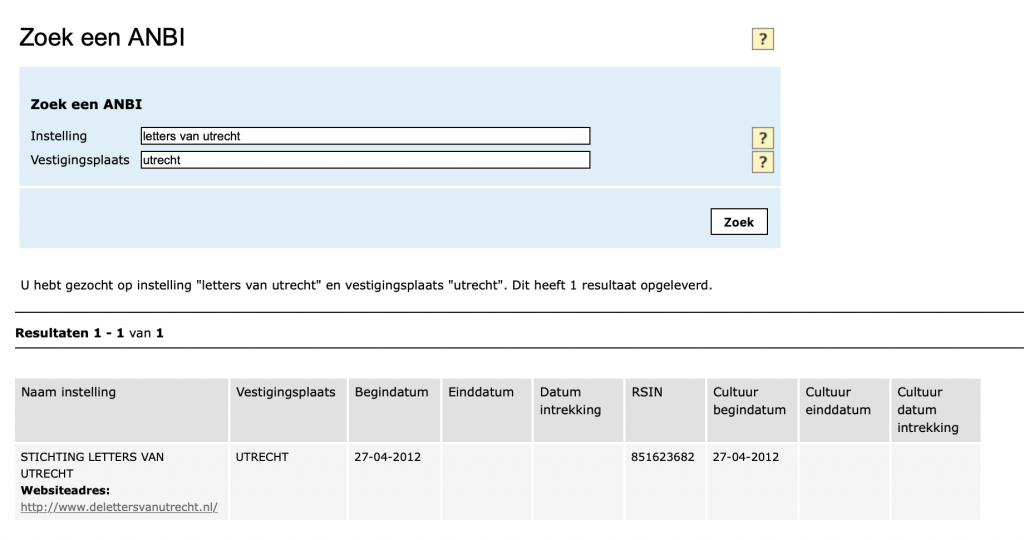 ANBI Status Letters van Utrecht per 23 november 2019