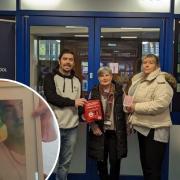 Remembered - Julie Taylor (Right) presents a a critical bleed kit to The Billericay School, (inset) her grandson Liam Taylor who died aged 19 after he was stabbed