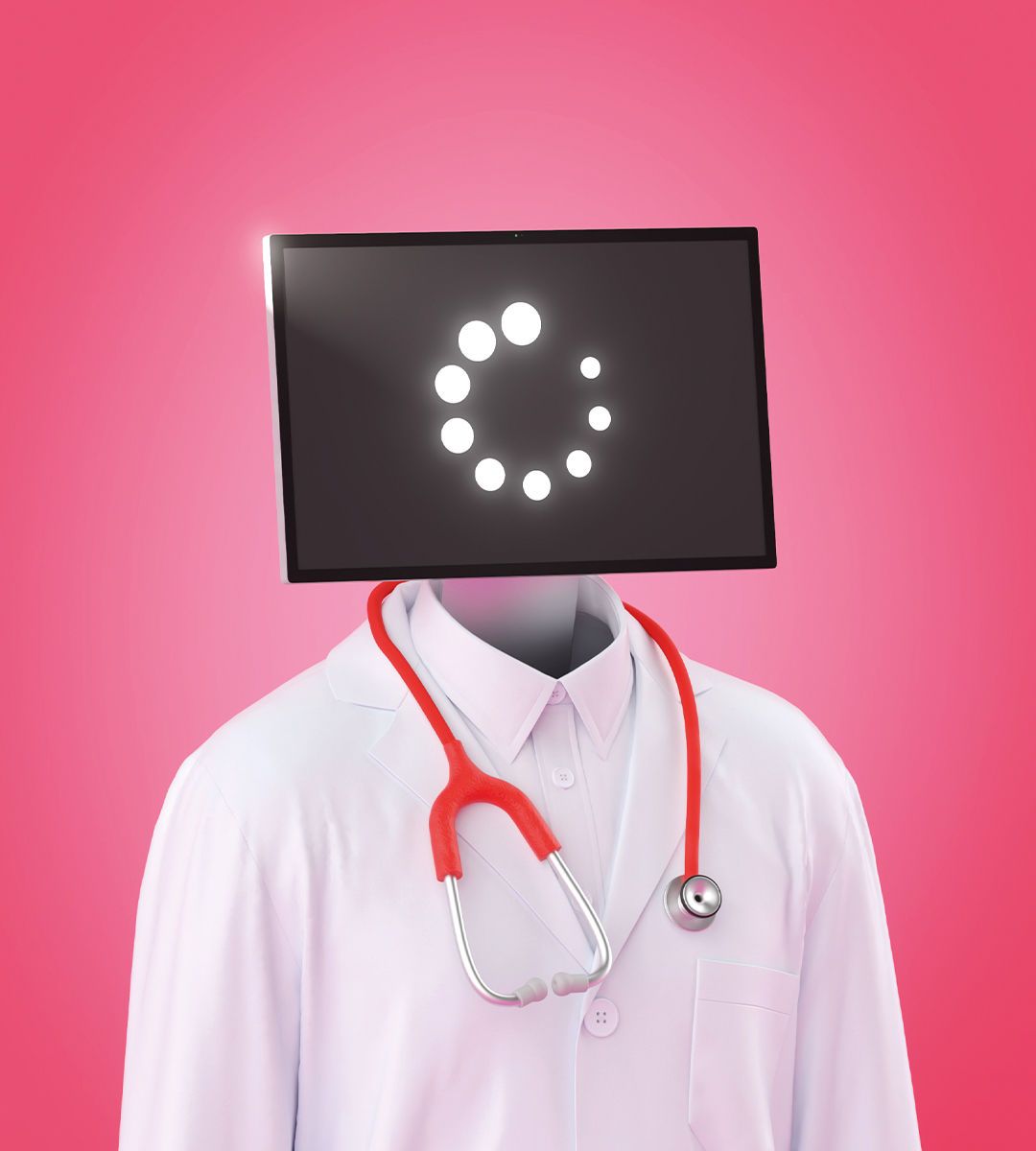 A doctor with a computer-screen head displaying a loading icon