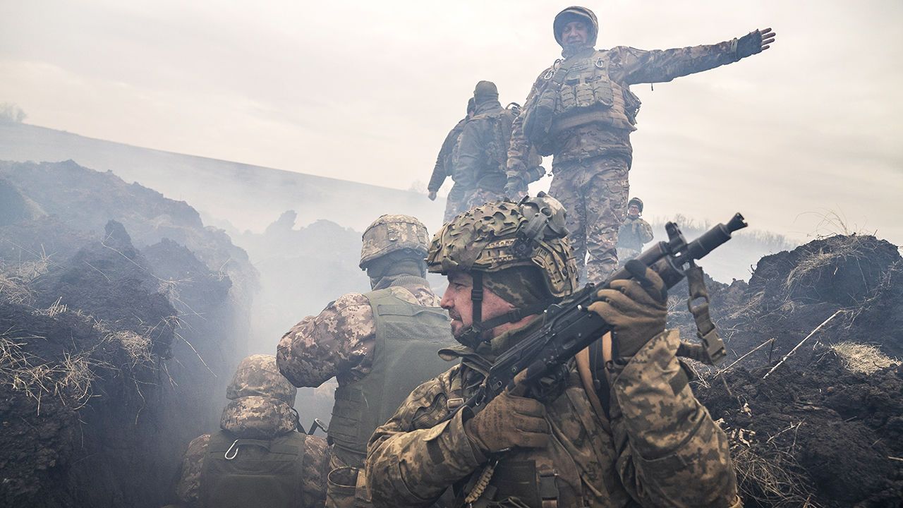 Ukrainian soldiers participate in a military training drill in Donetsk Oblast