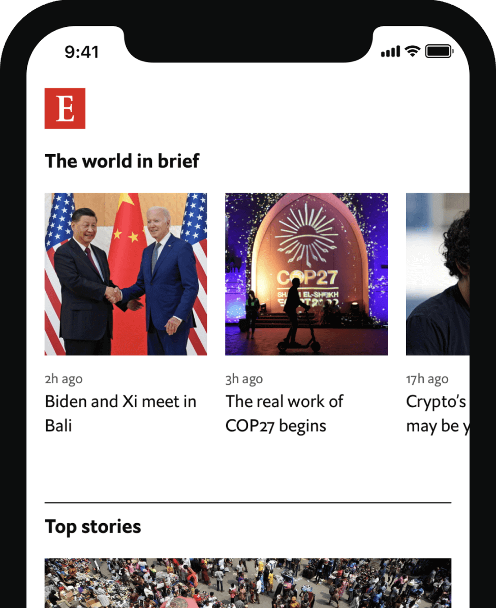 An image of a mobile device with the Economist app open, displaying news articles and other features