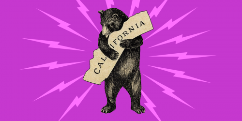 Bear hugging CA state, with lightning bolts on plum bg