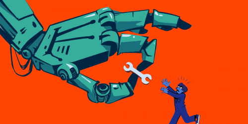 Large robot hand taking tool from alarmed person
