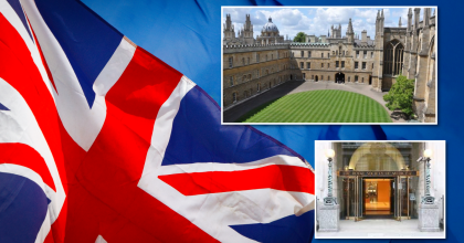 Photo collage - background image of United Kingdom flag. Top photo of courtyard. Bottom photo of entrance to the Royal Society of Medicine.