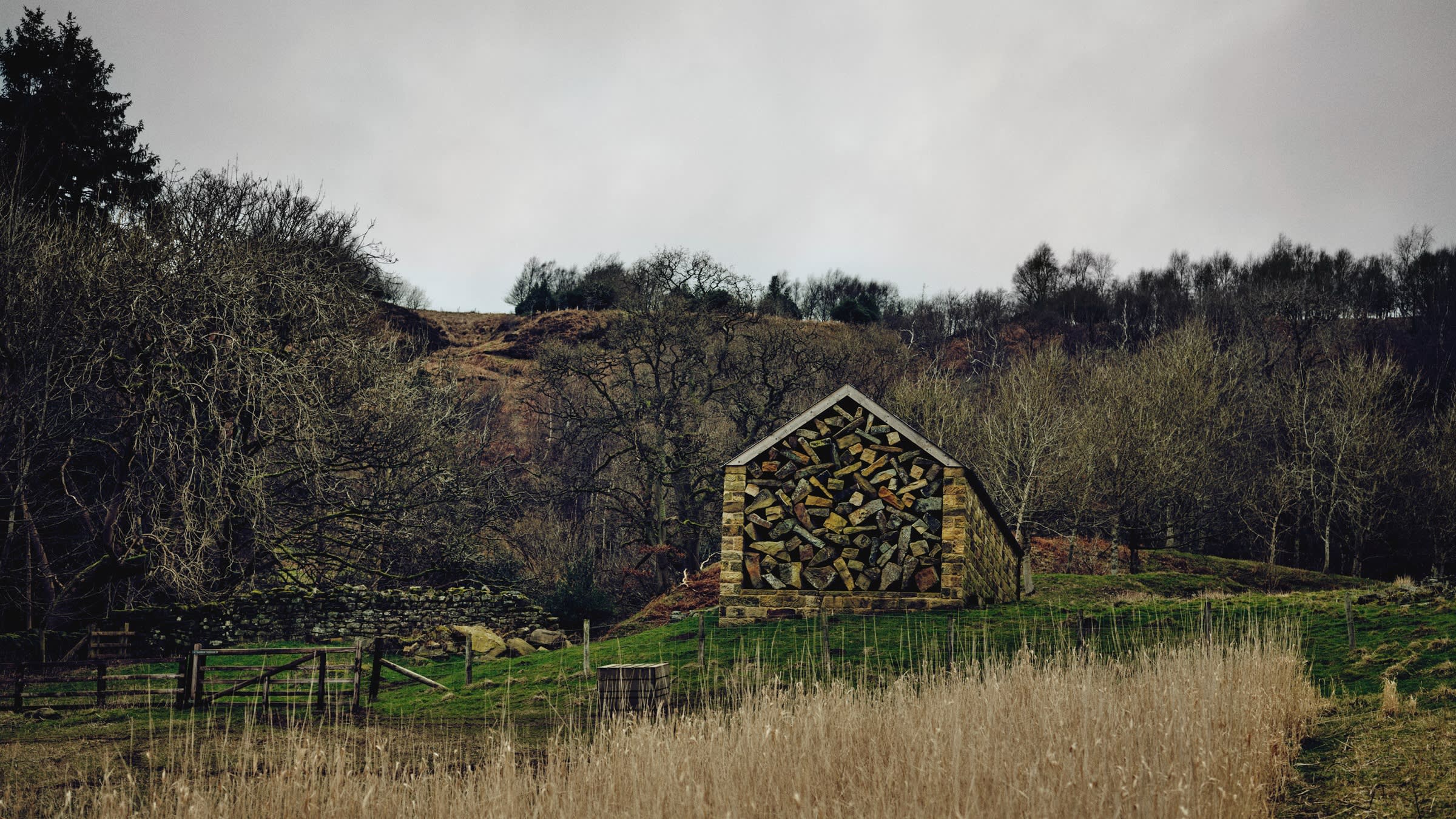 One of the 10 houses on Goldsworthy’s Hanging Stones land artwork in Rosedale, North York Moors National Park