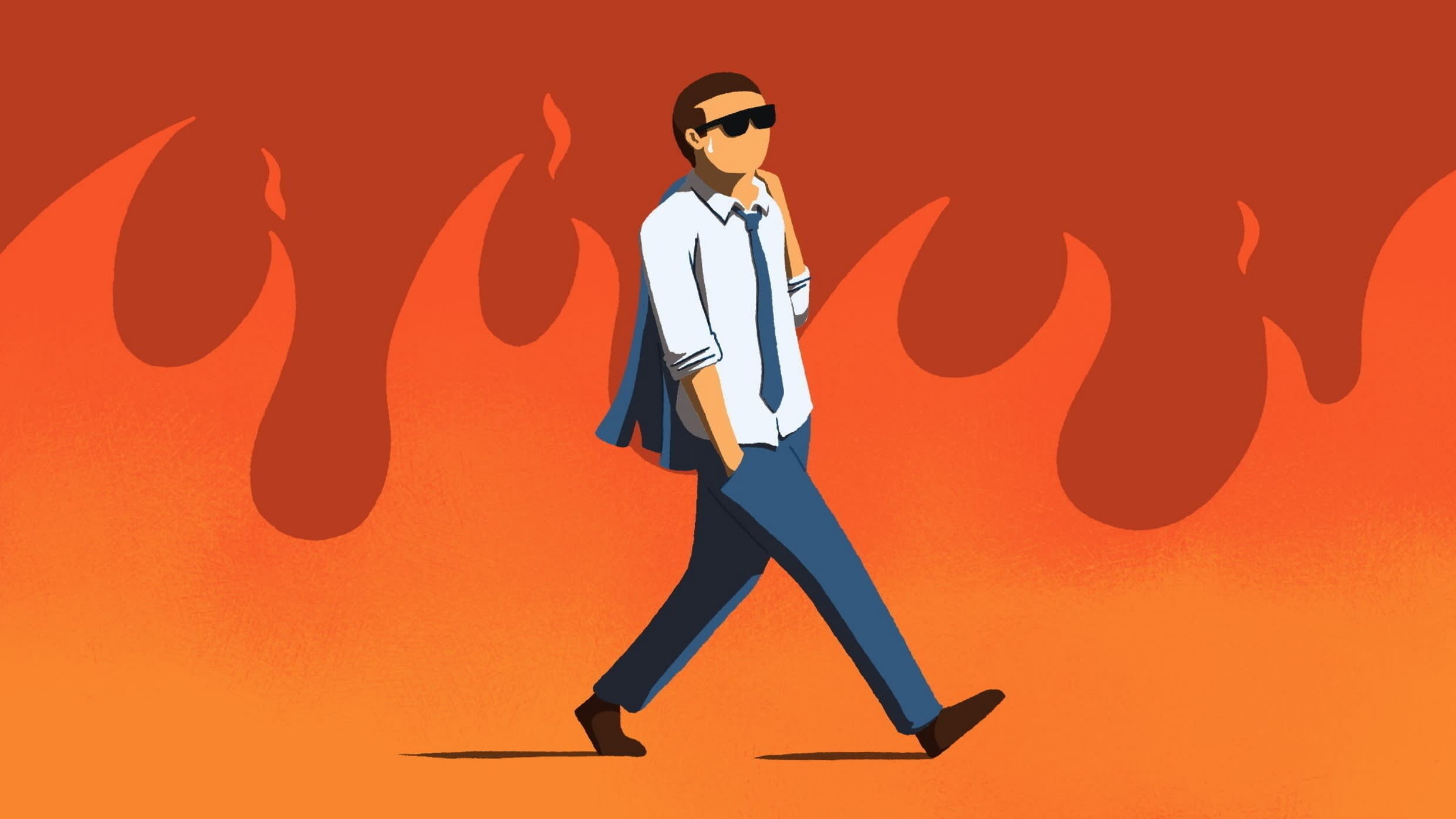Andy Carter illustration of a man in a suit casually walking along while the world burns around him
