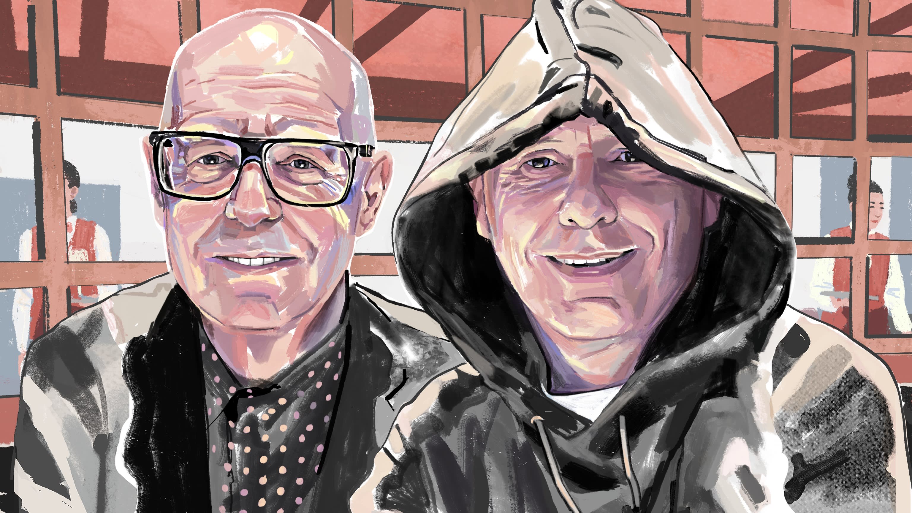 An illustration of two smiling men, one wearing glasses, one in a dark hoodie with the hood pulled up
