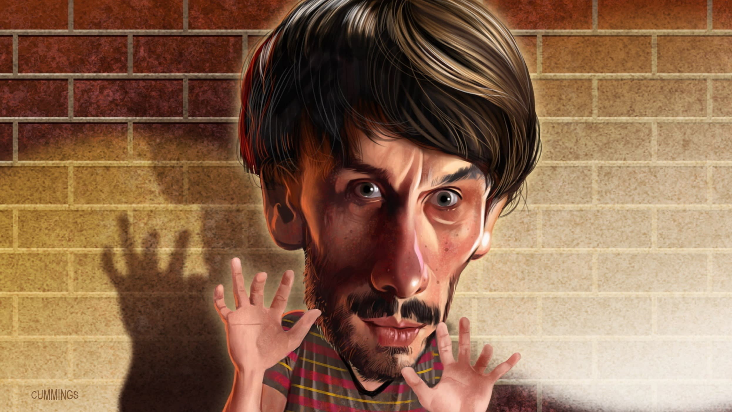 Illustration of Richard Gadd holding his hands up defensively against a background of a brick wall