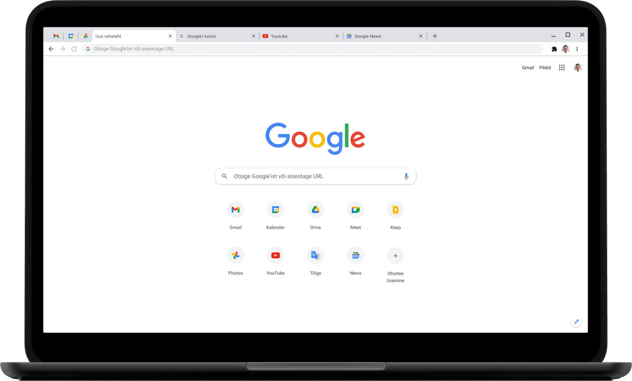 Sülearvuti Pixelbook Go vasak ülanurk, sülearvuti ekraanil on sait Google.com.