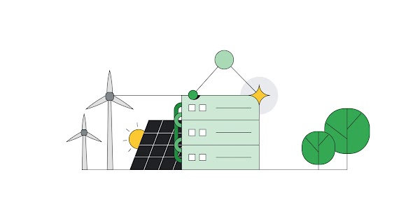 Illustration of grey windmills, black solar panels, green trees.