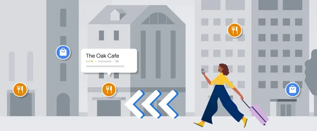 An animated image of a person with a suitcase surrounded by Google Maps icons