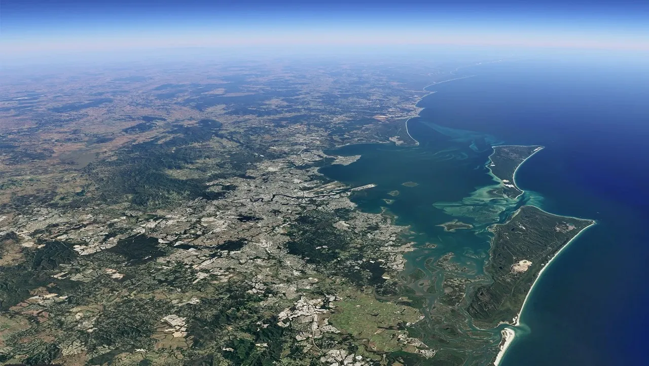 An oblique aerial view overlooking Brisbane, Australia.