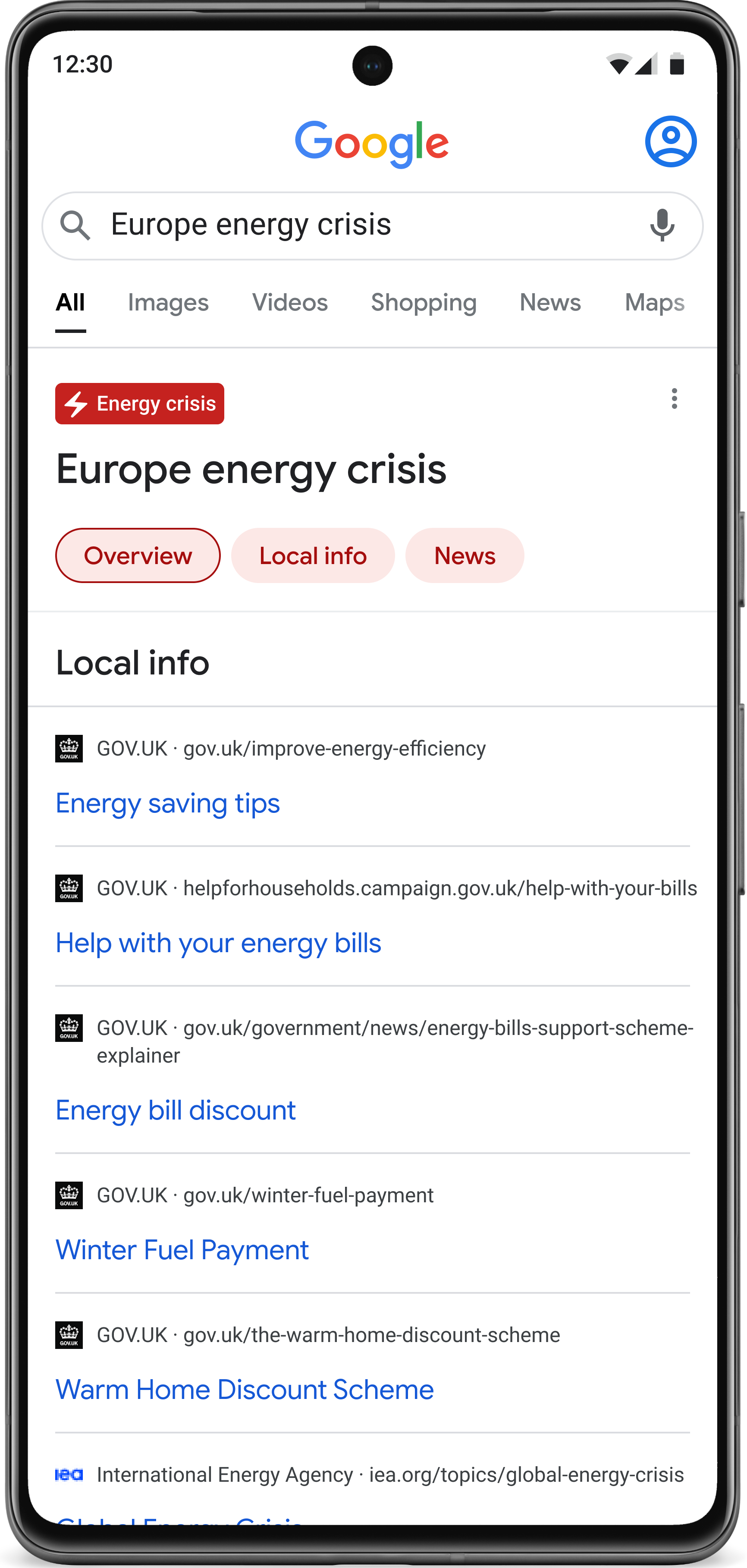 UI in mobile device of energy tips feature in Search