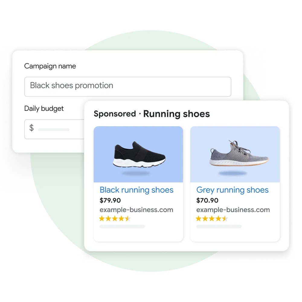 Two user interface modules: One demonstrating a user creating a name and budget for a new campaign in Performance Max and the other displaying the customer experience of seeing sponsored product listings on Google Search as a result of that campaign.