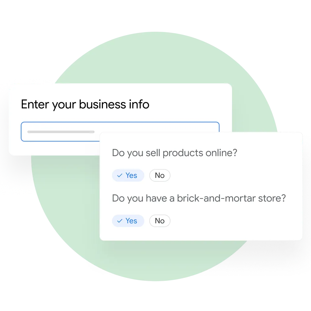 User interface demonstrating a user prompted to answer questions about their business in Merchant Center.