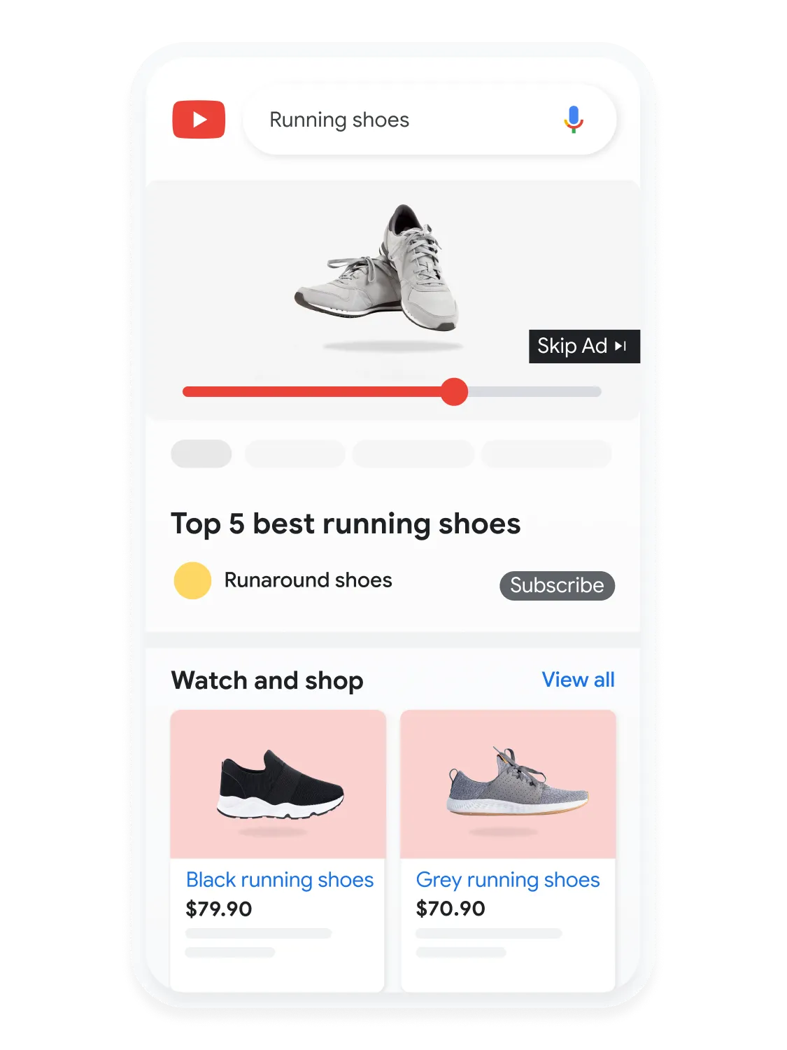 Mobile user interface animated to show a user searching for running shoes on YouTube.