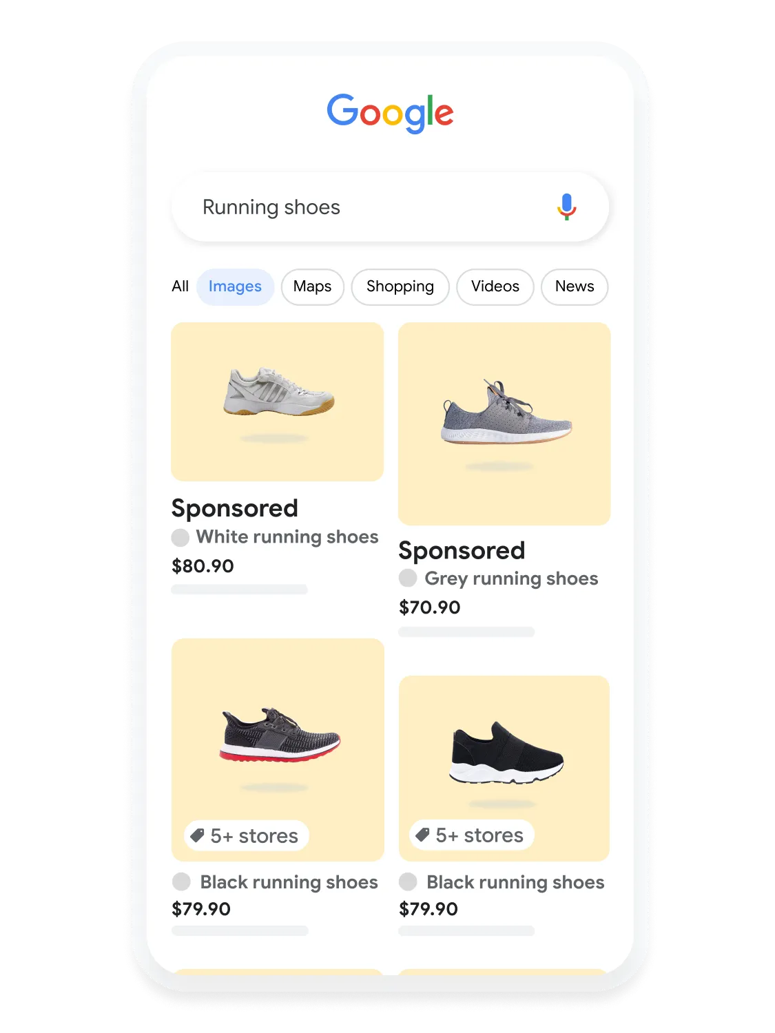 Mobile user interface animated to show a user searching for running shoes on Google Images.