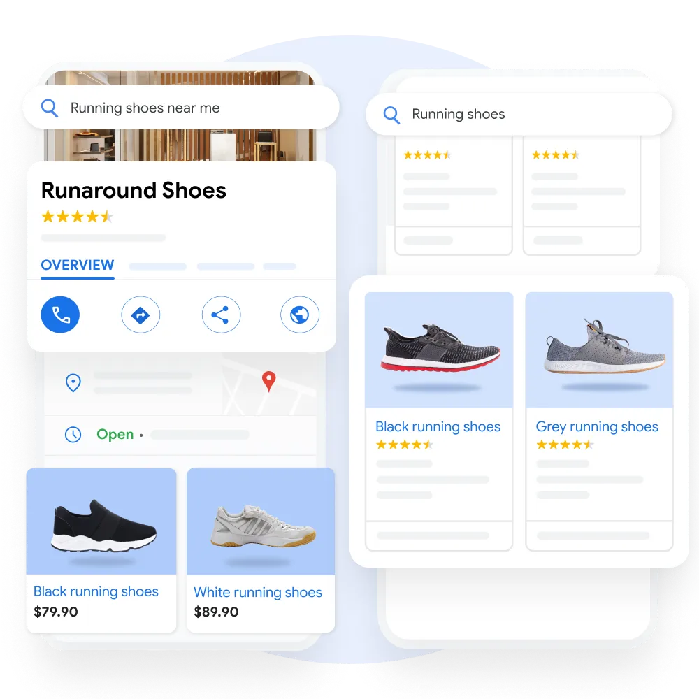 A mobile user interface demonstrating how your business and products can appear on Google with key information that is pulled out for emphasis.