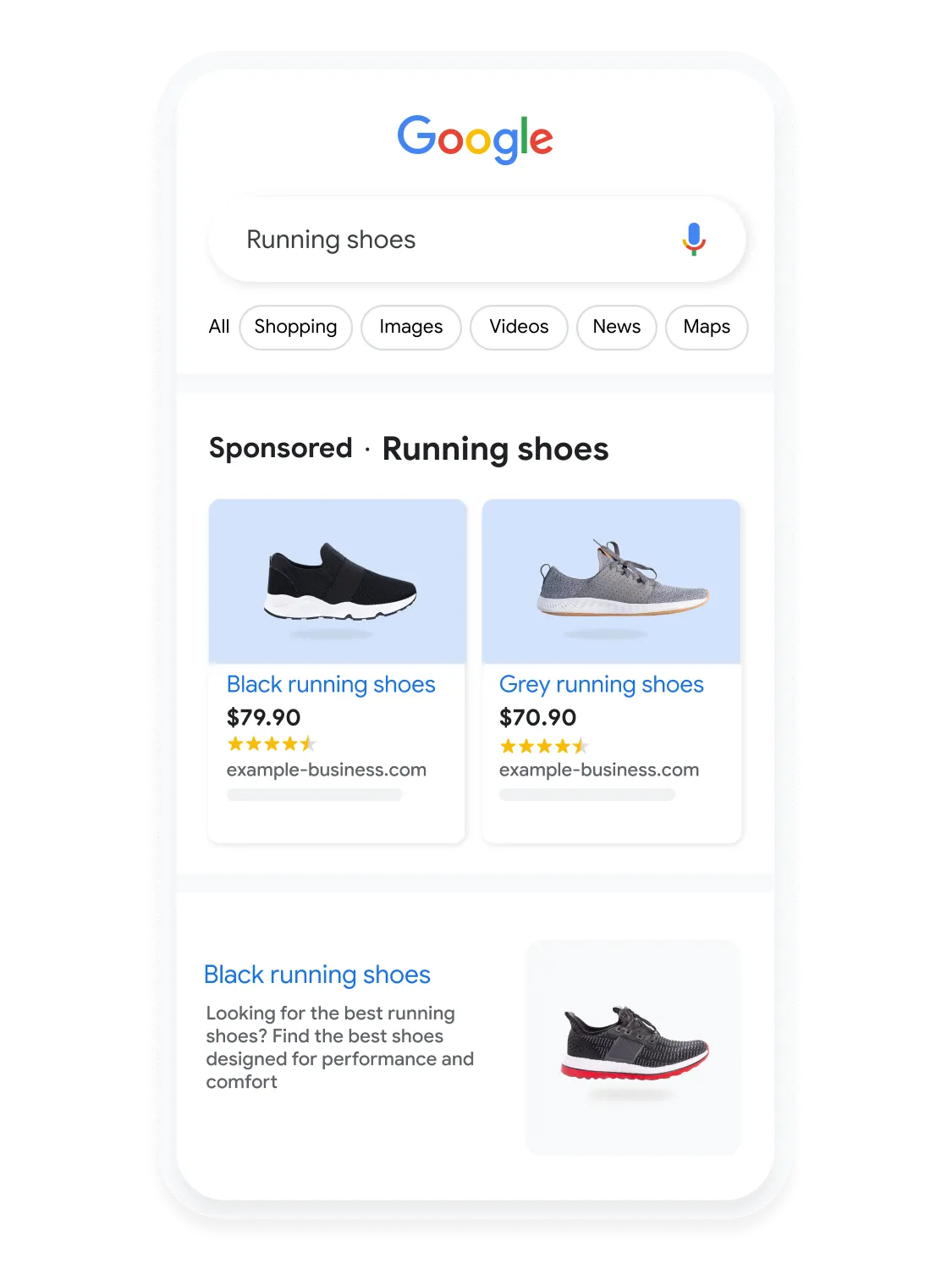 Mobile user interface animated to show a user searching for running shoes on Google Search.