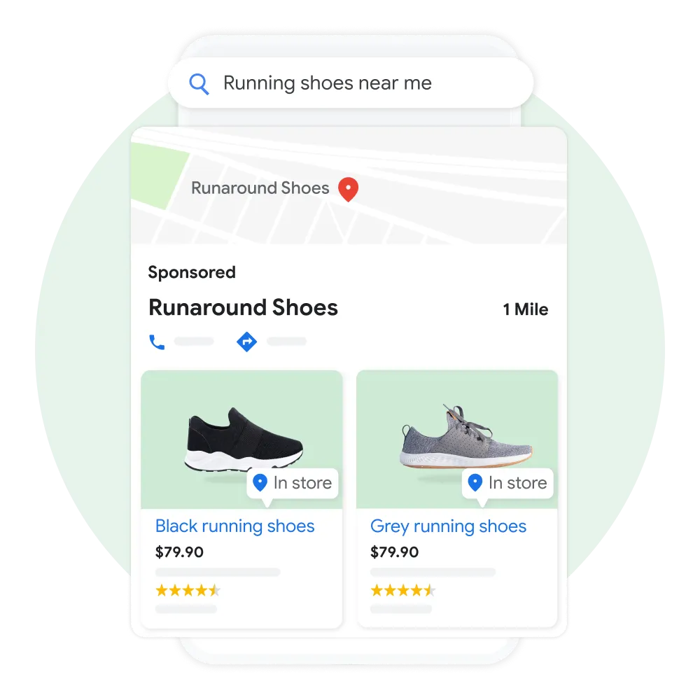 Mobile user interface animated to show a user searching 'running shoes near me' on Google Maps, with a sponsored Business Profile result pulled up and displaying a list of products available in their shop.