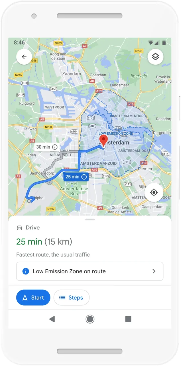 UI for Google Maps low emissions zone alerts in Amsterdam showing two possible route options.