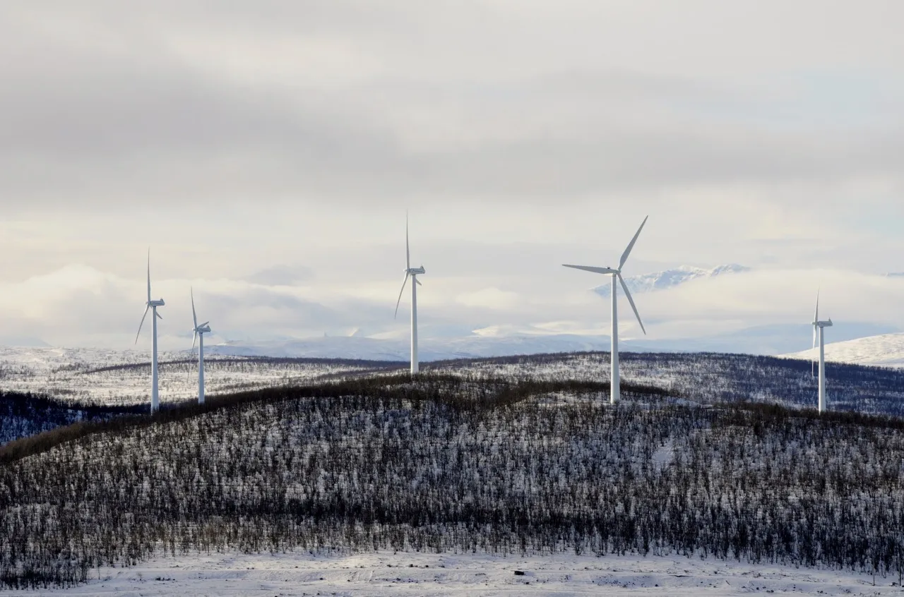 Wind farm in snowy Maevaara, Sweden