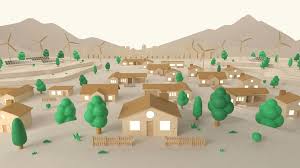 Illustrated neighborhood with brown homes, green trees, windmills and mountains in the background.