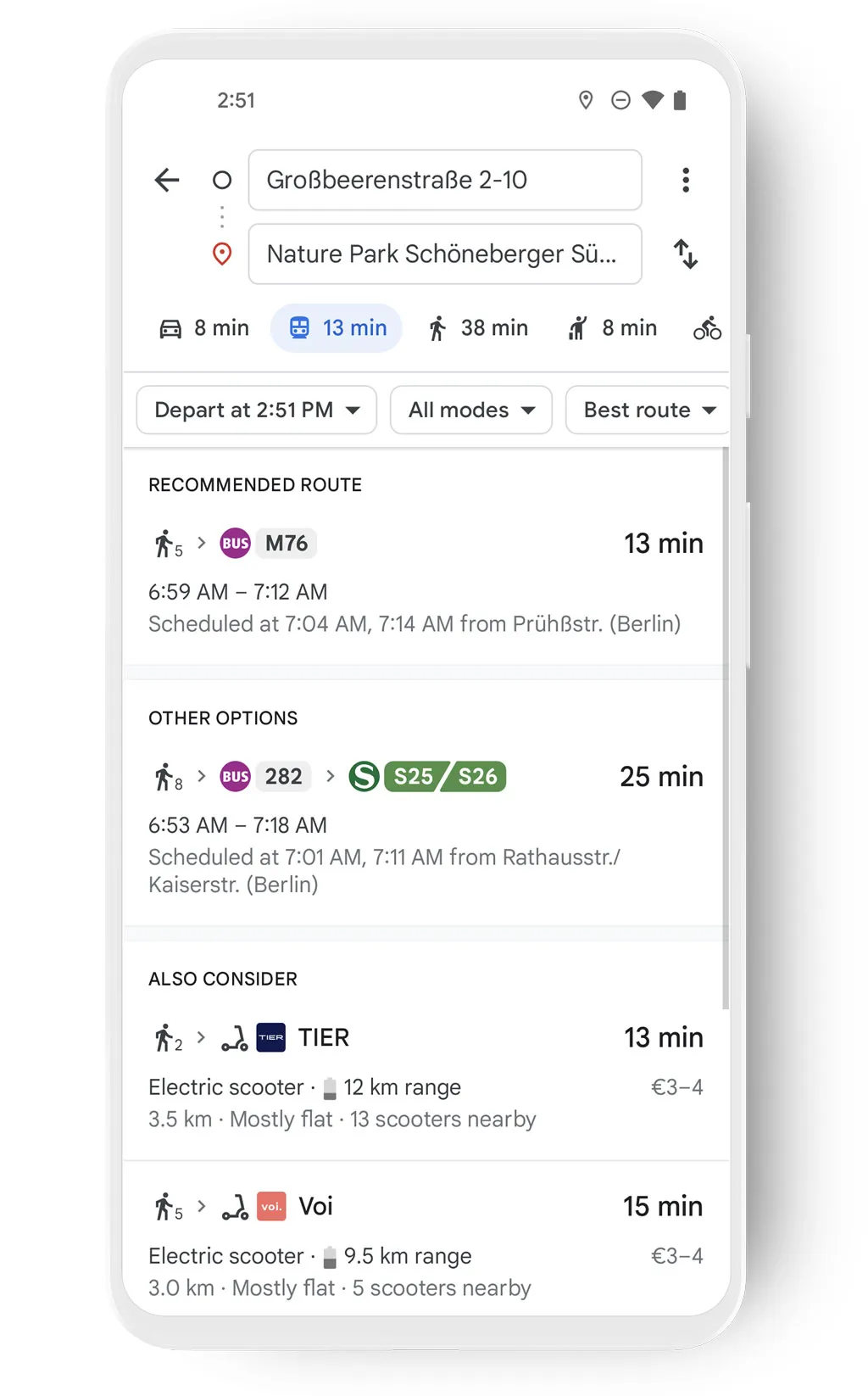 UI of mass transit options in Google Maps