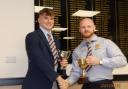 Hereford rugby players Ollie Bullied and Tom Williams with their trophies from the end of season presentation