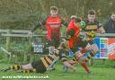 Gareth Jones scores Hereford’s first try in their 13-26 victory at Shipston on Stour