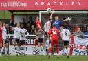 Hereford goalkeeper Curtis Pond rises high to make a save during his side’s match against Brackley Town