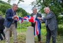 Simon Blumlein, centre, at the unveiling of the memorial to his father, Alan, in Herefordshire in 2019. Also pictured are Mike Phillips, left, son of the doomed plane's co-pilot and  Simon's brother, David. Picture: Martin Humby