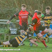 Gareth Jones scores Hereford’s first try in their 13-26 victory at Shipston on Stour