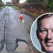 A potholed Herefordshire road and inset, Sir Bill Wiggin