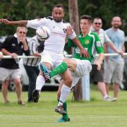 Matt Clarke playing for a Hereford United Supporters Team against Worcester City at Malvern Town in 2014