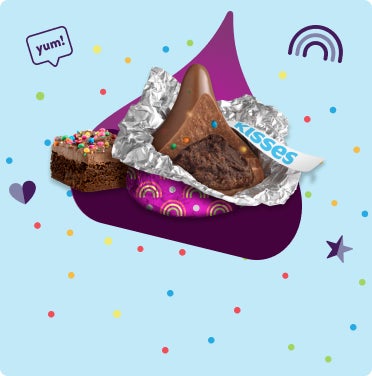 unwrapped HERSHEY'S KISSES rainbow brownie candy, cut in half.